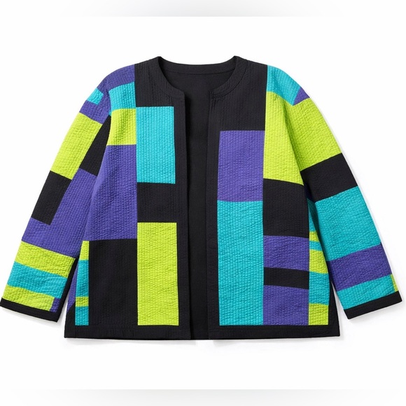 Vintage Patchwork Open Front Jacket Blazer Green Purple Size 16 - Picture 3 of 4